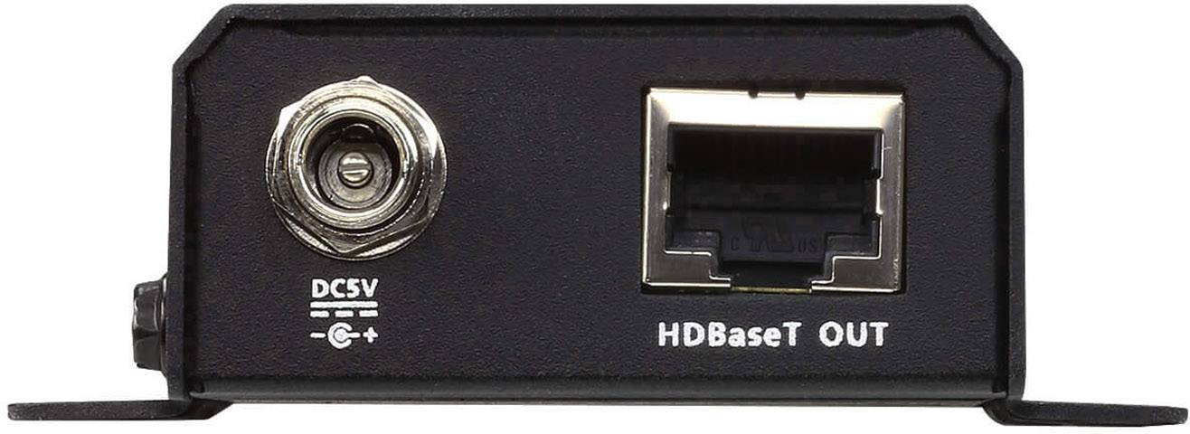 Een zwarte HDBaseT-adapter toont aan de voorkant een DC 5V-aansluiting en een Ethernet-uitgangsaansluiting met het opschrift 'HDBaseT OUT'.