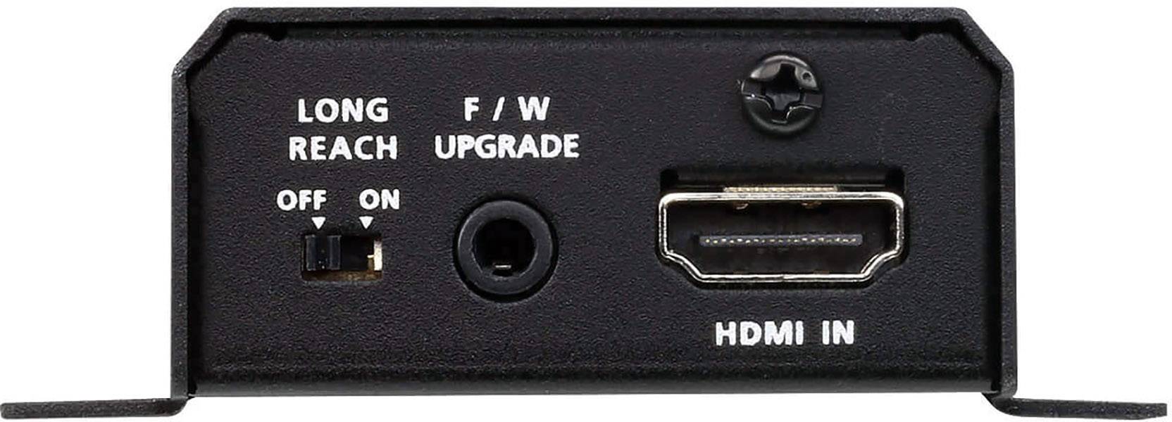 Achterkant van een elektronisch apparaat met HDMI-ingang, F/W-upgrade-aansluiting en een schakelaar voor 'LONG REACH' om in- en uit te schakelen.