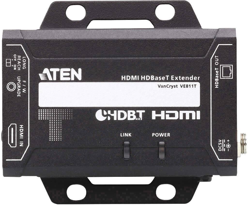 Zwarte HDMI HDBaseT-extender met meerdere aansluitingen en LED-indicatoren voor Link en Power, gemarkeerd met ATEN en HDBaseT-logo.