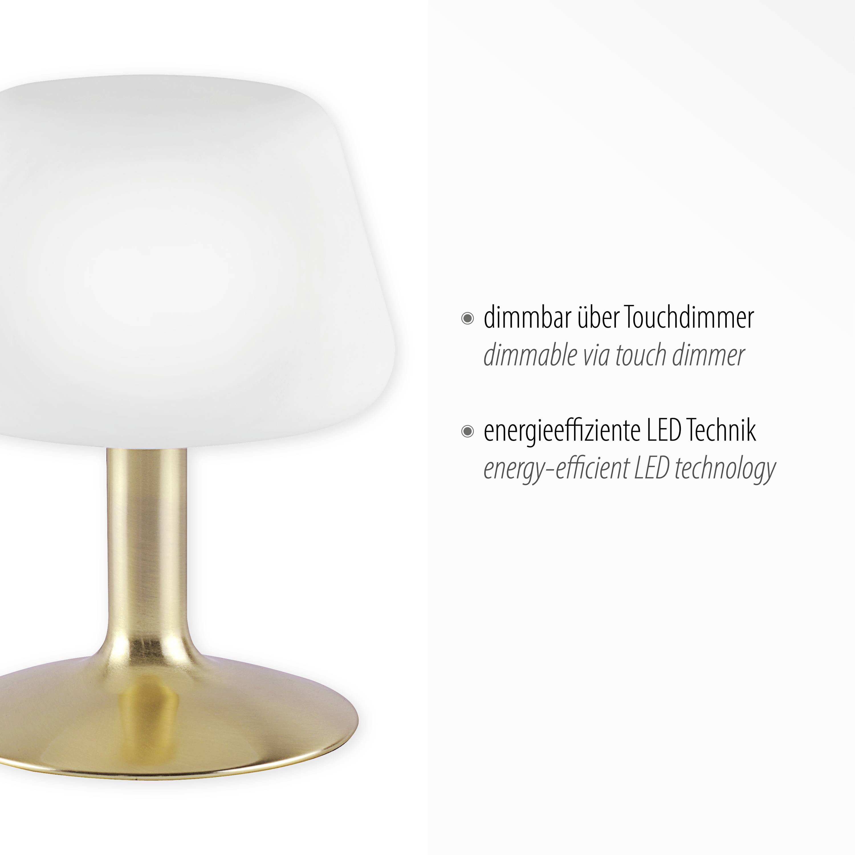 De tafellamp heeft een witte, klokvorming lampenkap en een gouden voet. Hij is dimbaar via een touchdimmer.