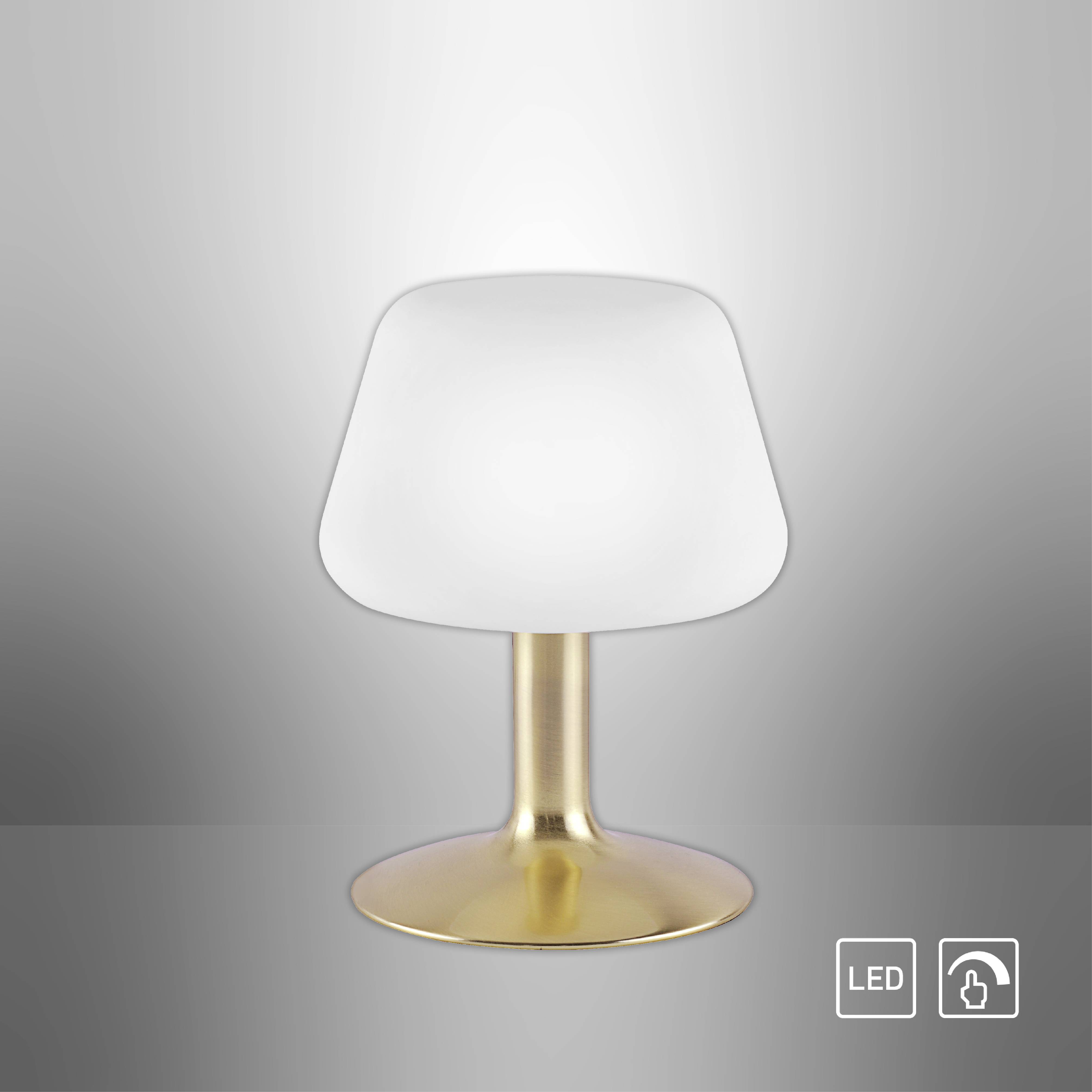Een moderne LED-tafellamp met een witte kap op een gouden voet, geschikt voor sfeervolle verlichting in binnenruimtes.