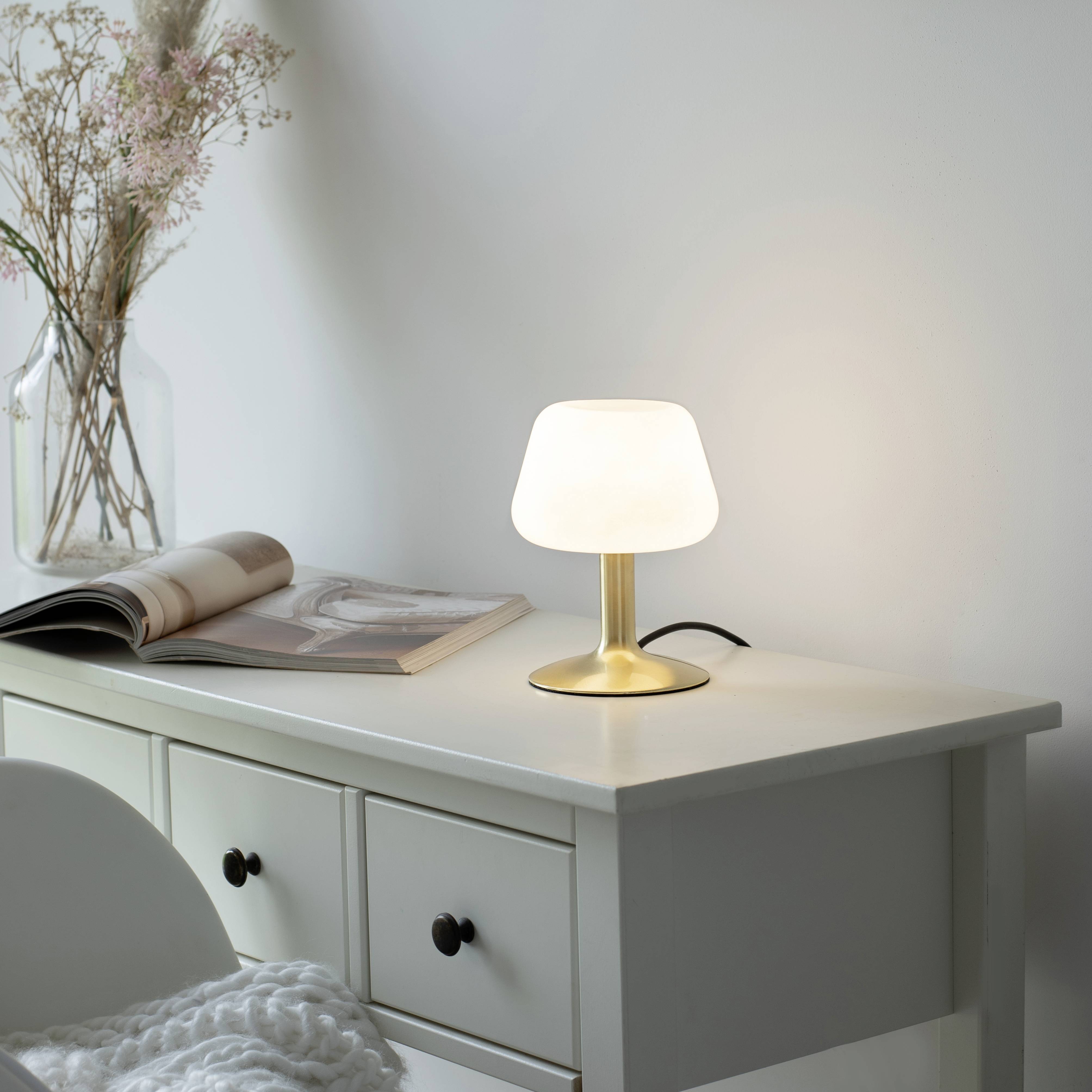 Een ingeschakelde lamp met een witte lampenkap staat op een witte ladenkast. Ernaast ligt een opengeslagen boek, op de achtergrond een vaas met bloemen.