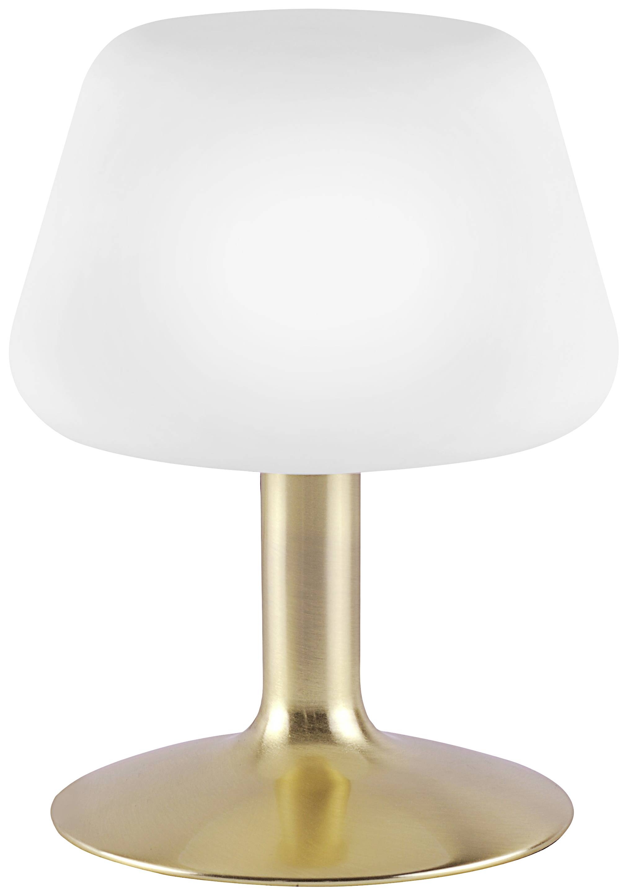 Een moderne tafellamp met een witte, koepelvormige lampenkap en een gouden voet. Ideaal voor strakke, elegante interieurs.