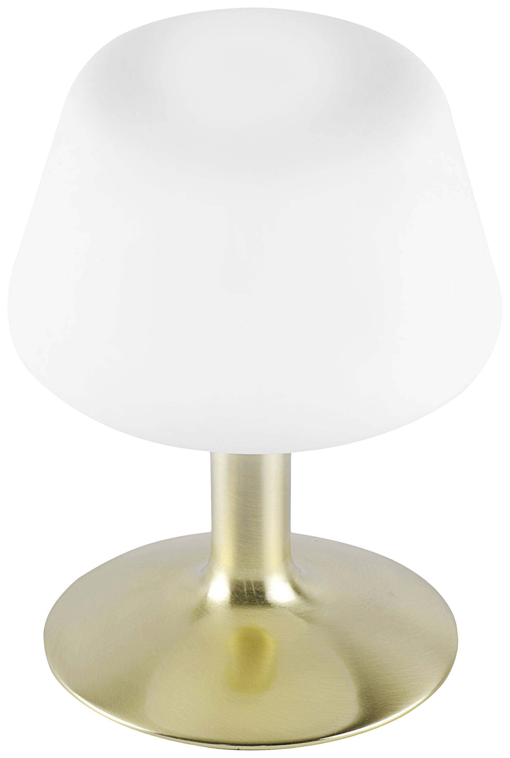 Een tafellamp met witte lampenkap en messing voet. Modern design, geschikt voor woonkamer of kantoor.