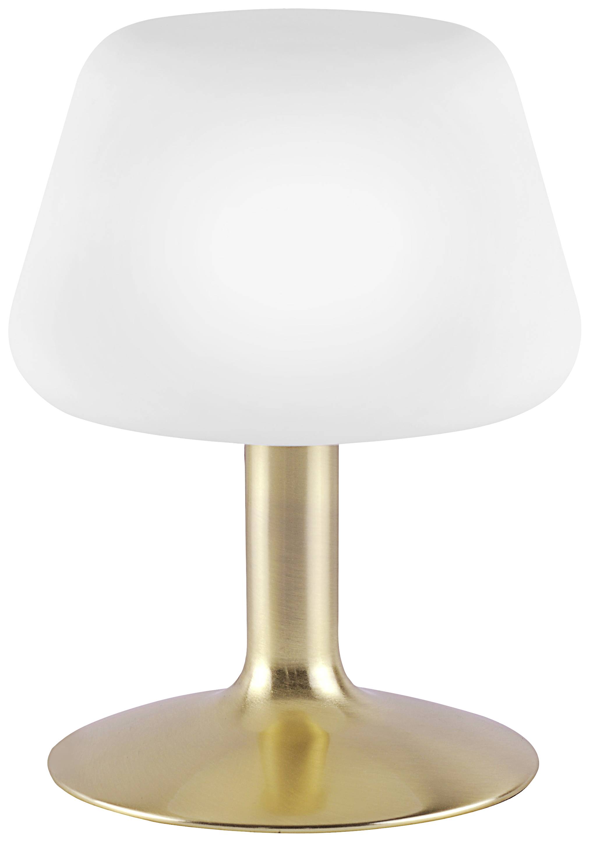Een tafellamp met een goudkleurige voet en een witte lampenkap in moderne stijl.