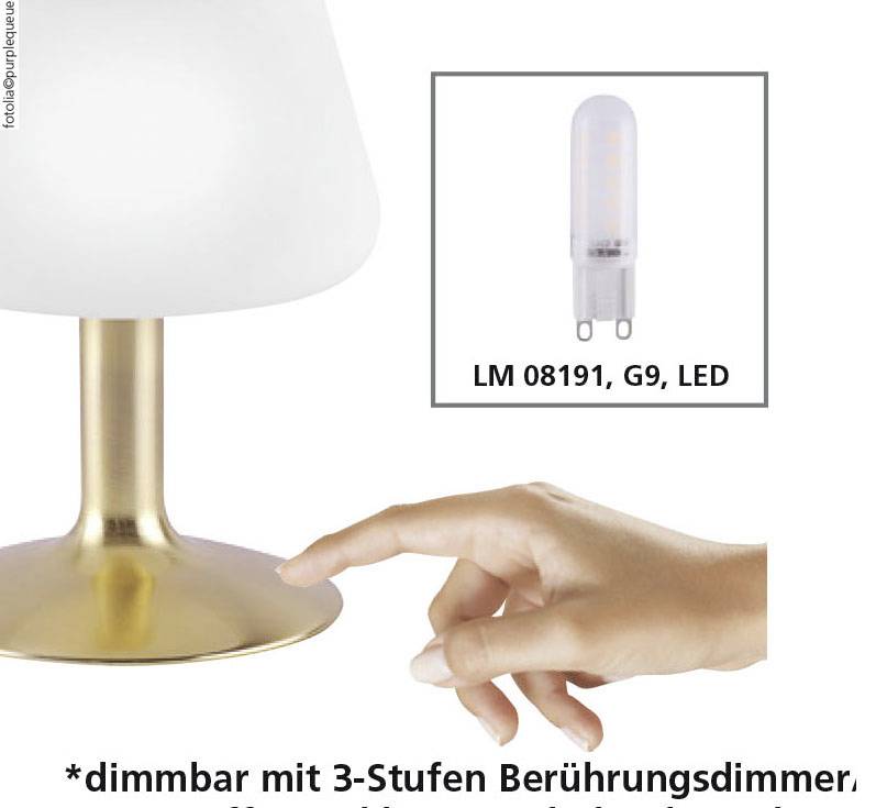 Tafellamp met gouden voet, LED-lamp LM 08191, G9. Hand toont aanraakdimmer. Dimbaar met 3 lichtintensiteitsstanden.