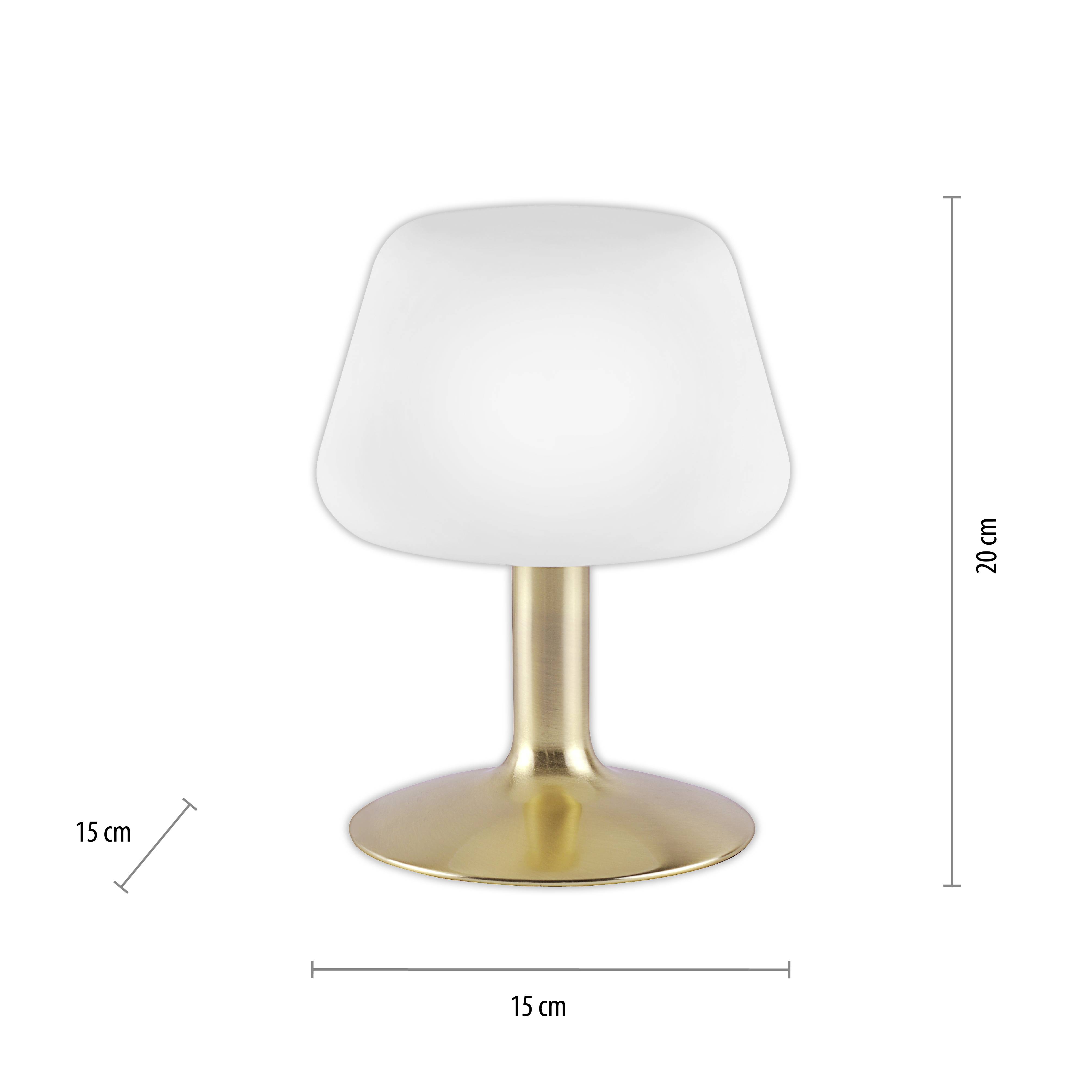 Tafellamp met witte lampenkap, gouden voet. Hoogte: 20 cm, breedte: 15 cm. Ideaal voor bureaus of nachtkastjes.