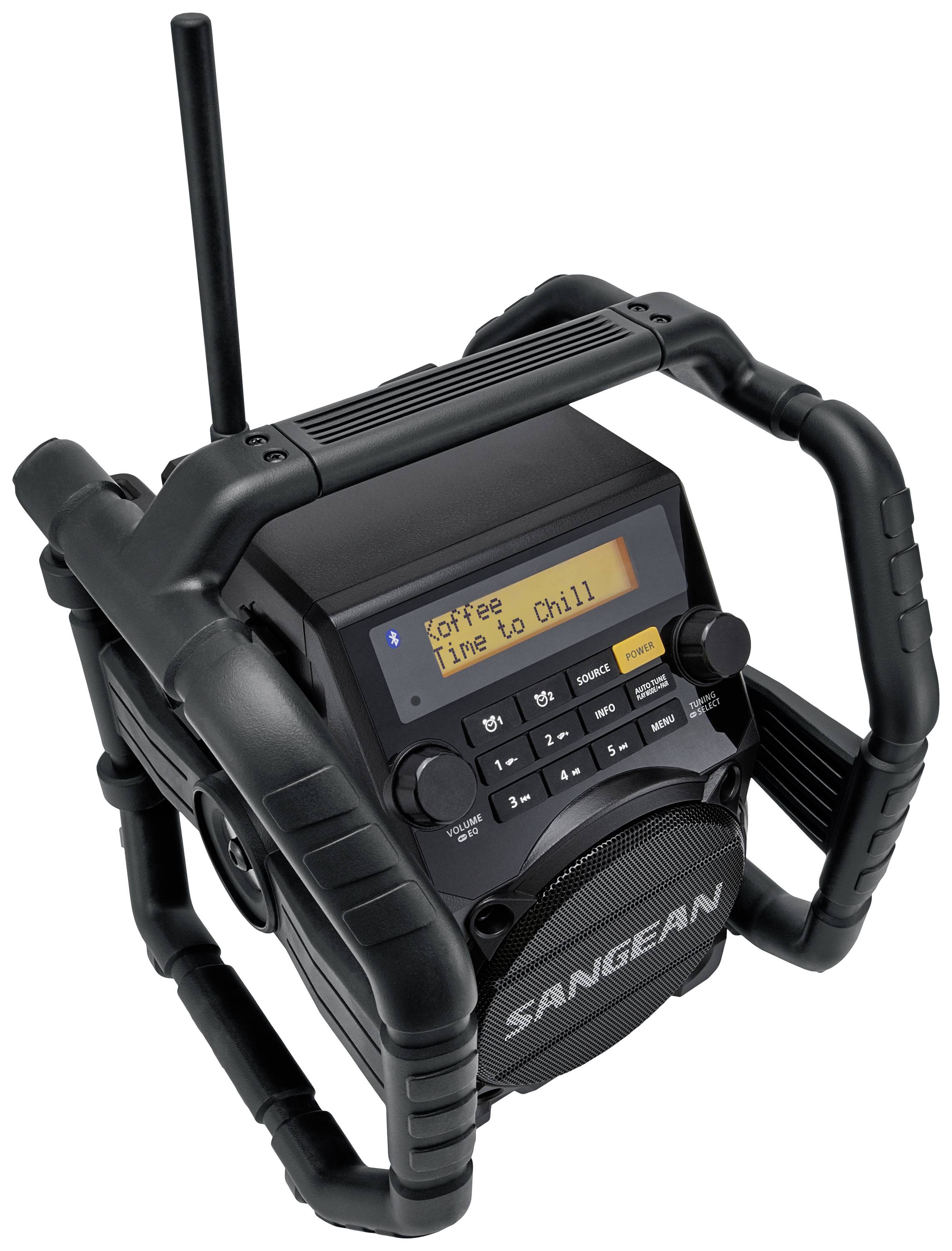 Draagbare radio met beschermframe, antenne, luidspreker en display dat de tekst 'Coffee Time to Chill' weergeeft.