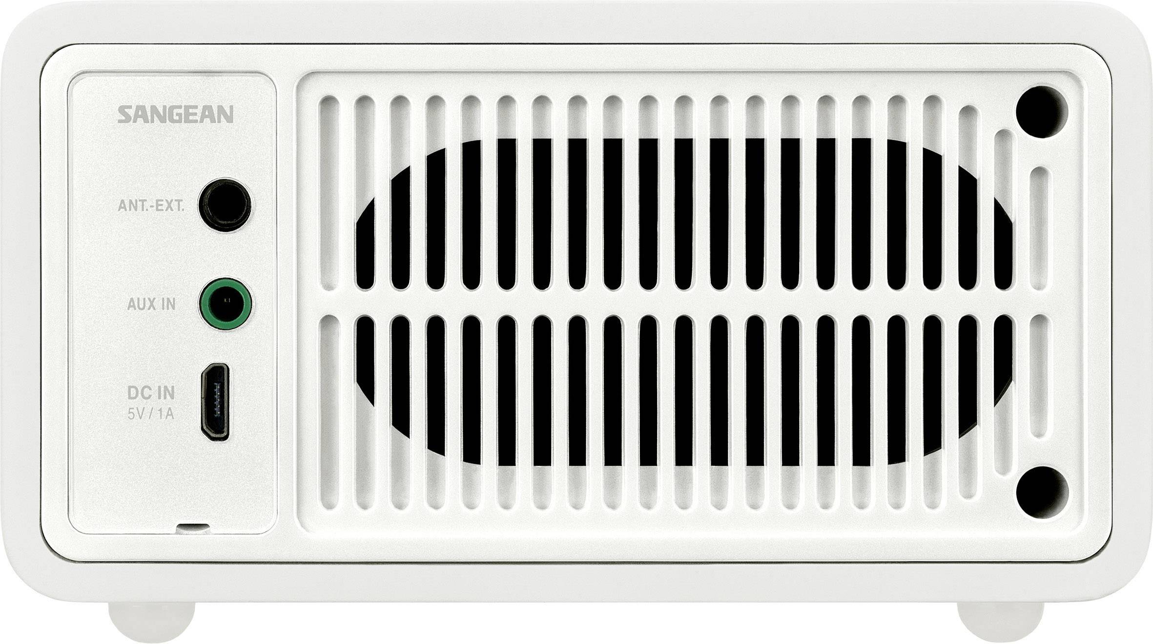 Achterkant van een wit radio met verluchtingsrooster, aansluitingen voor externe antenne, AUX-In en DC-In.