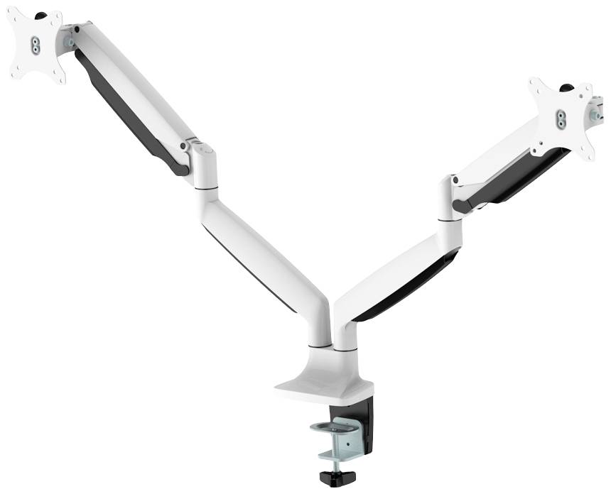 Tweearmsmonitorstandaard in het wit met zwart-grijze accenten, tafelbevestiging, voor flexibele beeldschermpositionering.