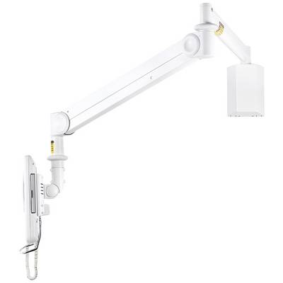 Een witte, verstelbare wandarm voor medische apparatuur met gemonteerd paneel en kabel, bedoeld voor flexibele positionering in ziekenhuizen.