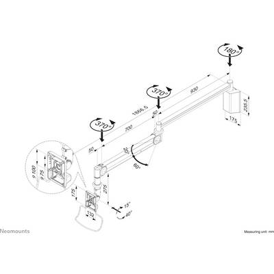 Technische tekening van een monitorstandaard met meerdere verstelbare armen, rotatiehoeken en nauwkeurige lengtematen in millimeters.