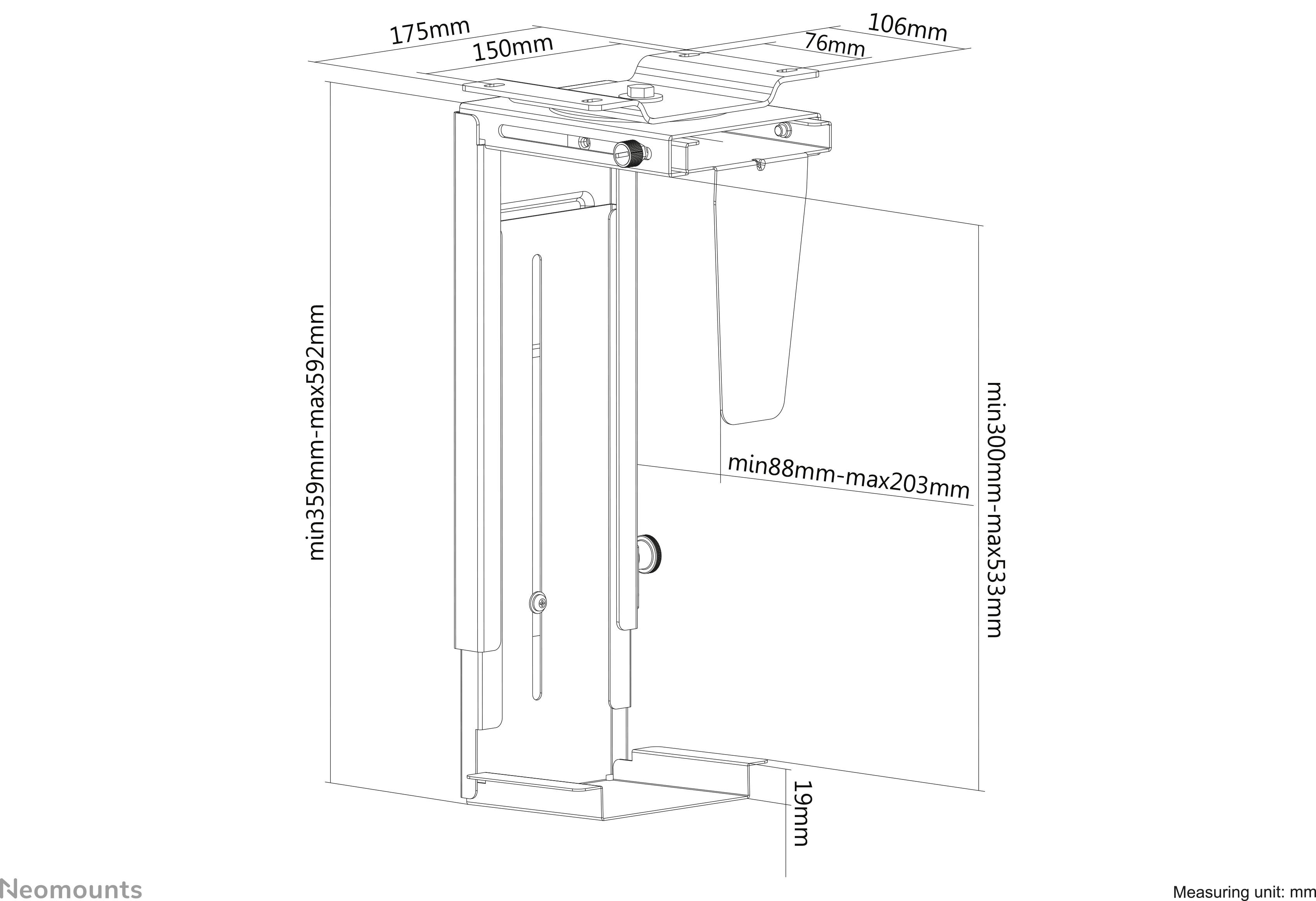 Technische tekening van een wandgemonteerde monitorarm met afmetingen: hoogte 359-592 mm, diepte 300-533 mm, breedte 175 mm, hoofdonderdeel instelbaar.