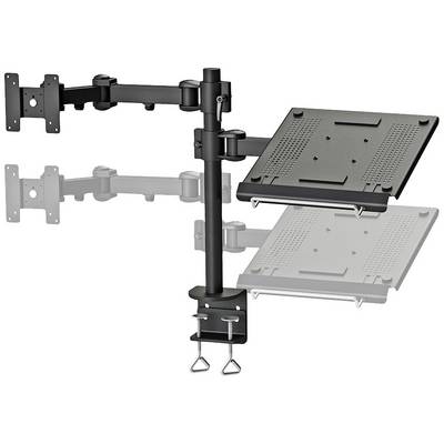 Dubbele monitorsteun met verstelbare armen, tafelgemonteerd, geschikt voor twee beeldschermen voor een ergonomische werkplek-inrichting.
