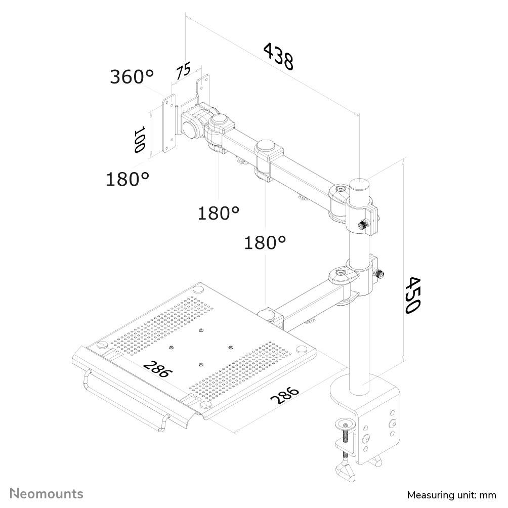 'Technische tekening van een monitorstandaard met toetsenbordlade. Afmetingen: Monitor 438x450 mm, lade 286 mm. Verstelbereik: Monitor 360°, lade 180°.'