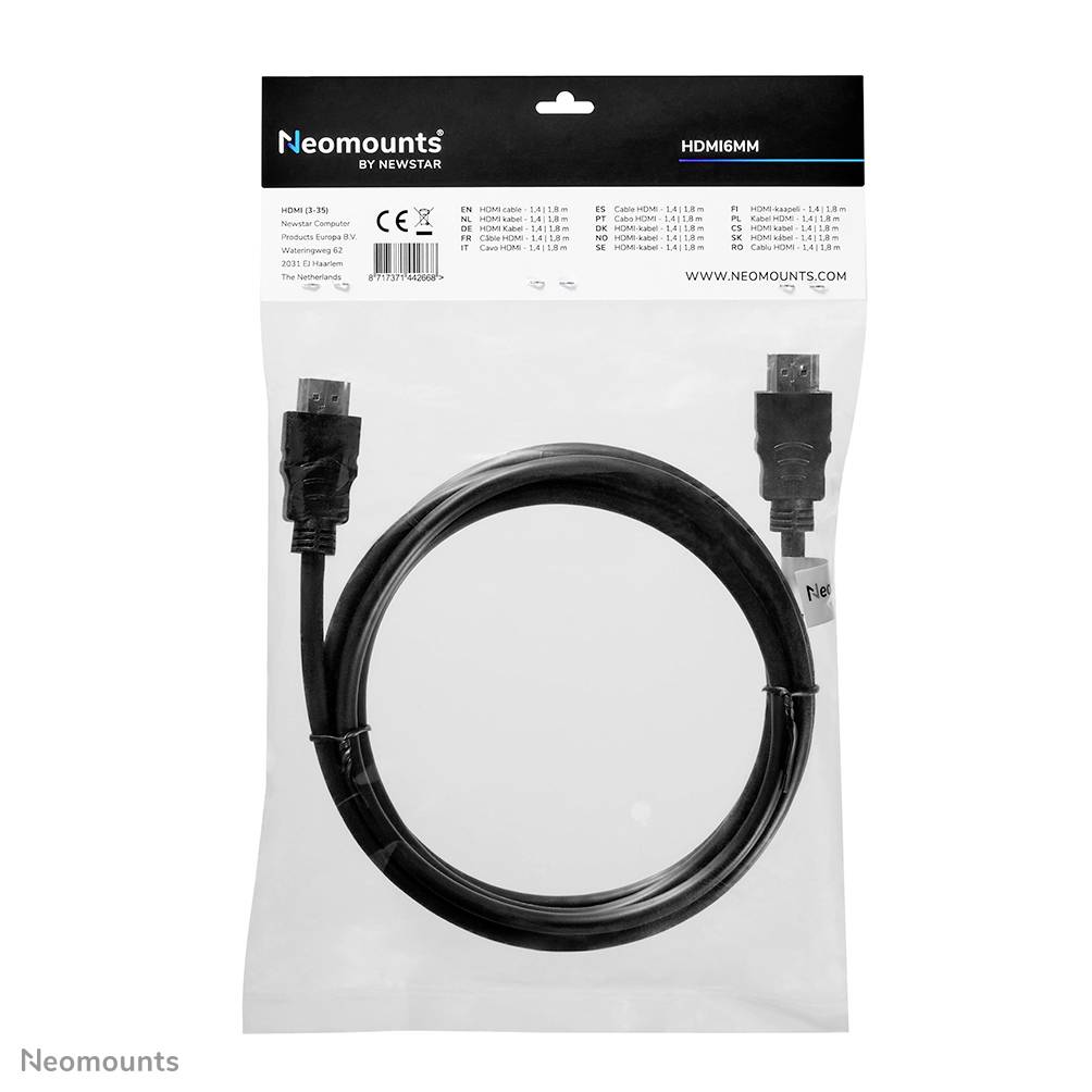 Een HDMI-kabel in een transparante verpakking met zwarte tekst bovenaan. Geschikt voor het aansluiten van video- en audioapparatuur.