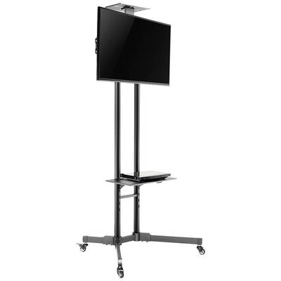 Plat scherm op een mobiel statief met wielen, met daaronder een plateau voor elektronische apparaten.