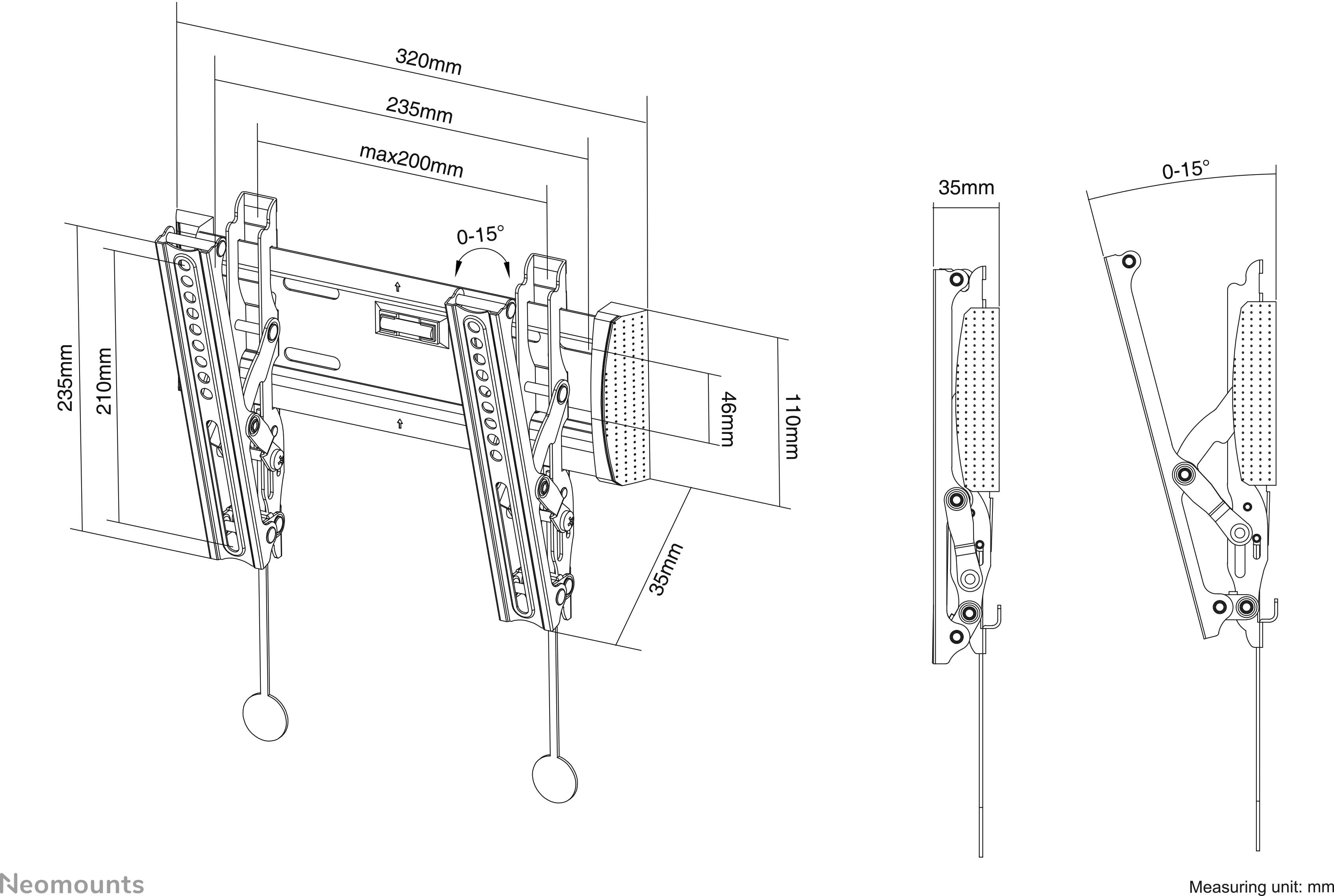 Technische tekening van een tv-wandsteun. Afmetingen: breedte 320 mm, hoogte 235 mm, kantelhoek 0-15°. Geschikt voor 200x200 mm VESA-montage.