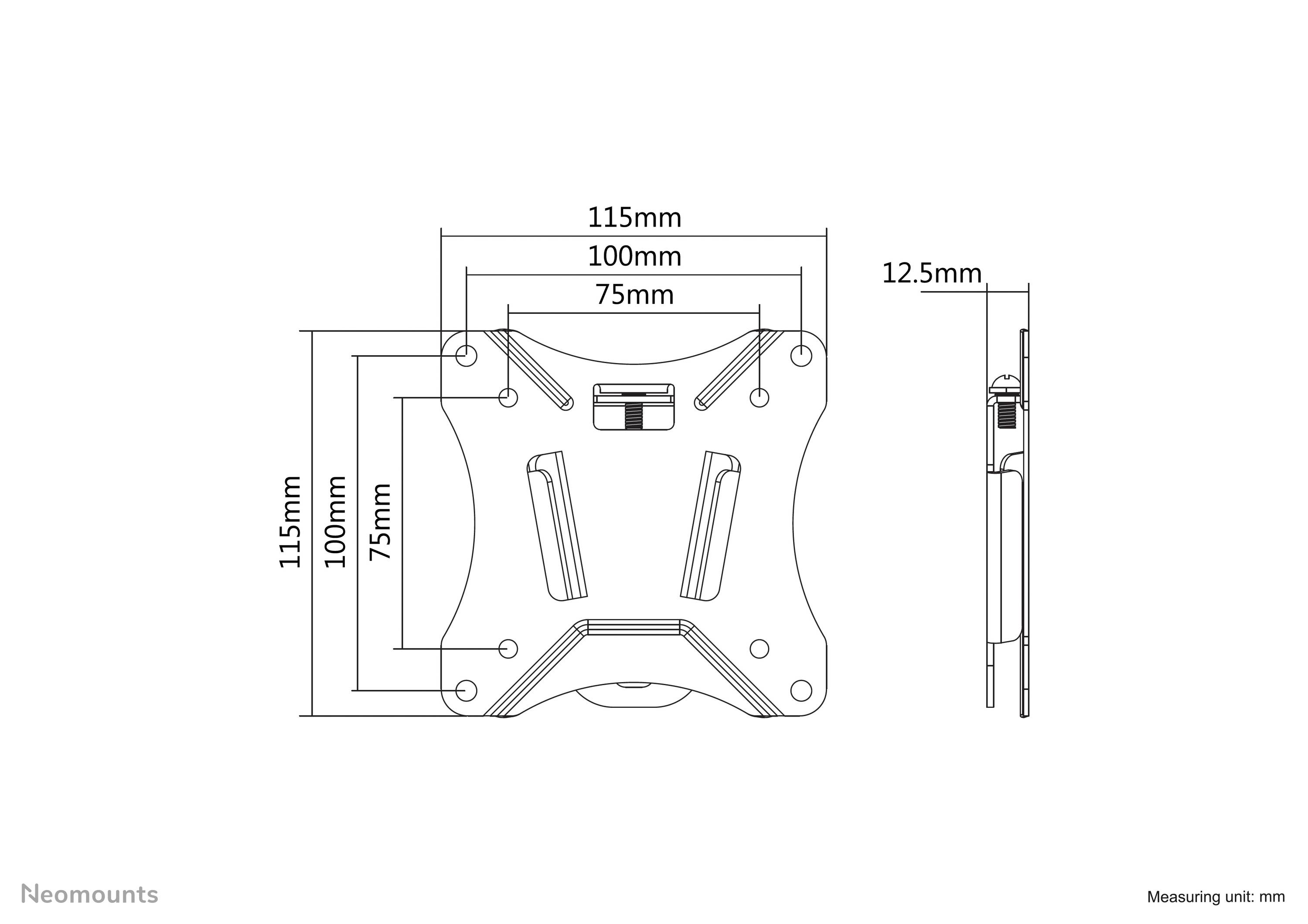 Technische tekening van een VESA-montagemontageadapter met afmetingen: 75x75 mm en 100x100 mm; zijaanzicht toont dikte van 12,5 mm.