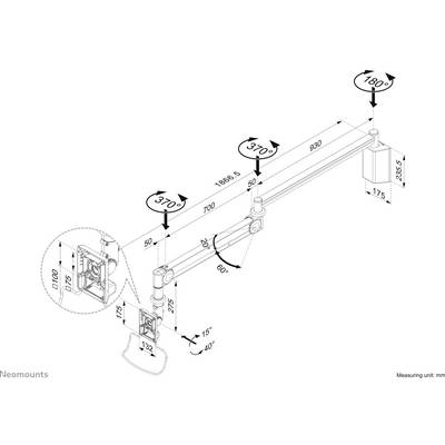 Tekening van een monitorarm met meerdere scharnieren; toont lengtes, hellingshoeken en rotaties van de componenten in millimeters.