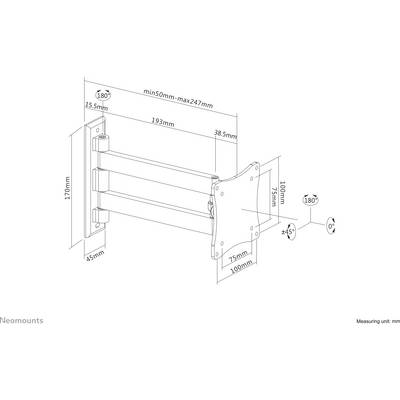Technische tekening van een monitorsteun met afmetingen. De steun is verstelbaar van 50 mm tot 247 mm. Kantelhoek: +5° tot -10°.