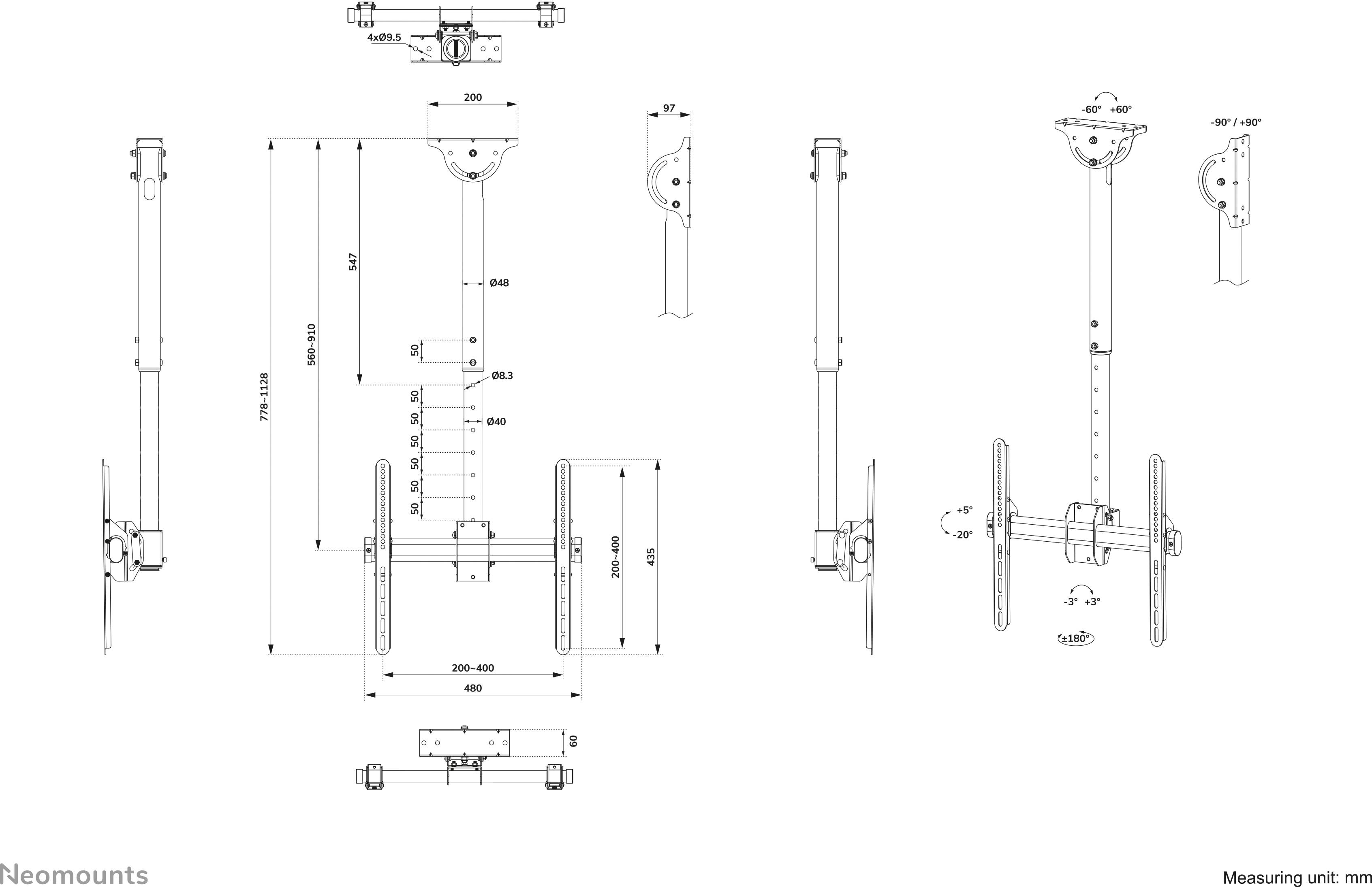 'Technische tekening van een plafondbeugel met afmetingen in millimeters. Toont vooraanzicht, zijaanzicht en bovenaanzicht ten behoeve van montage.'