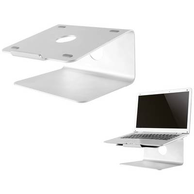 Een zilveren laptopstandaard van metaal, toont een ergonomische verhoging voor optimaal werken aan de laptop.