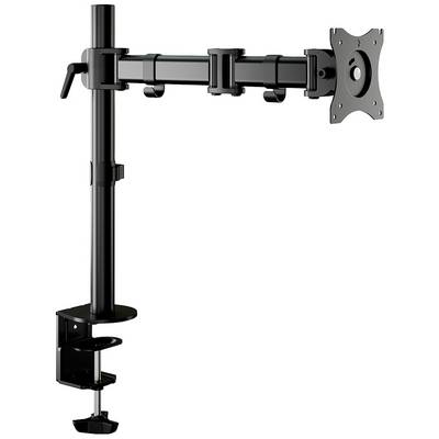 Een zwarte monitorarm met verstelbaar scharnier en klem voor bevestiging aan een tafel. Ideaal voor flexibele beeldschermpositie.