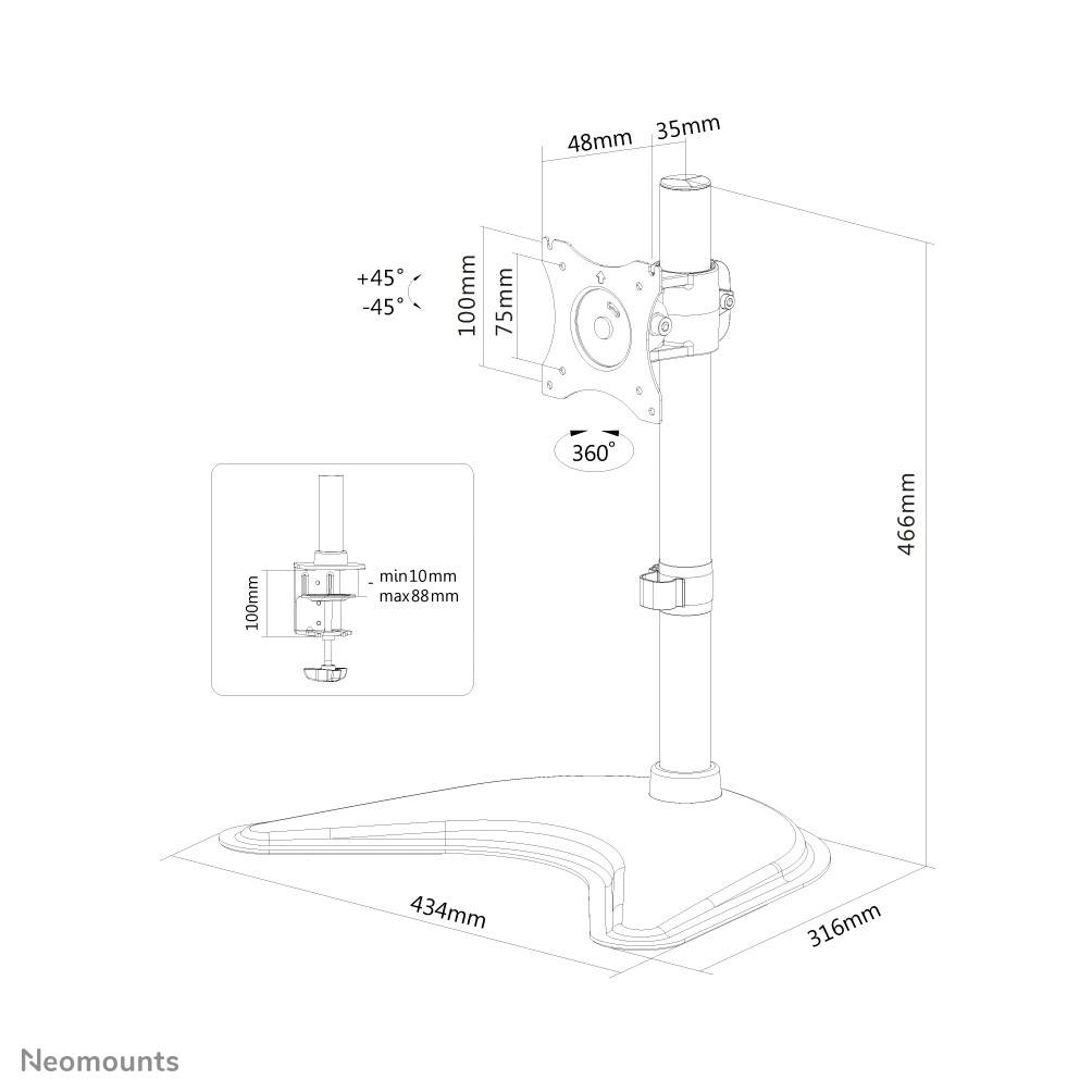 Monitorstandaard-schets met afmetingen: 466 mm hoog, 316 mm diep, 434 mm breed. 360° rotatie, kanteling +45°/-45°, VESA-montage.
