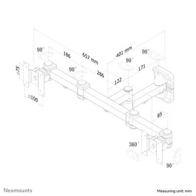 Technische tekening van een monitorsteun met afmetingen in millimeters. Hoofdonderdelen en bewegingshoeken zijn gedetailleerd weergegeven.