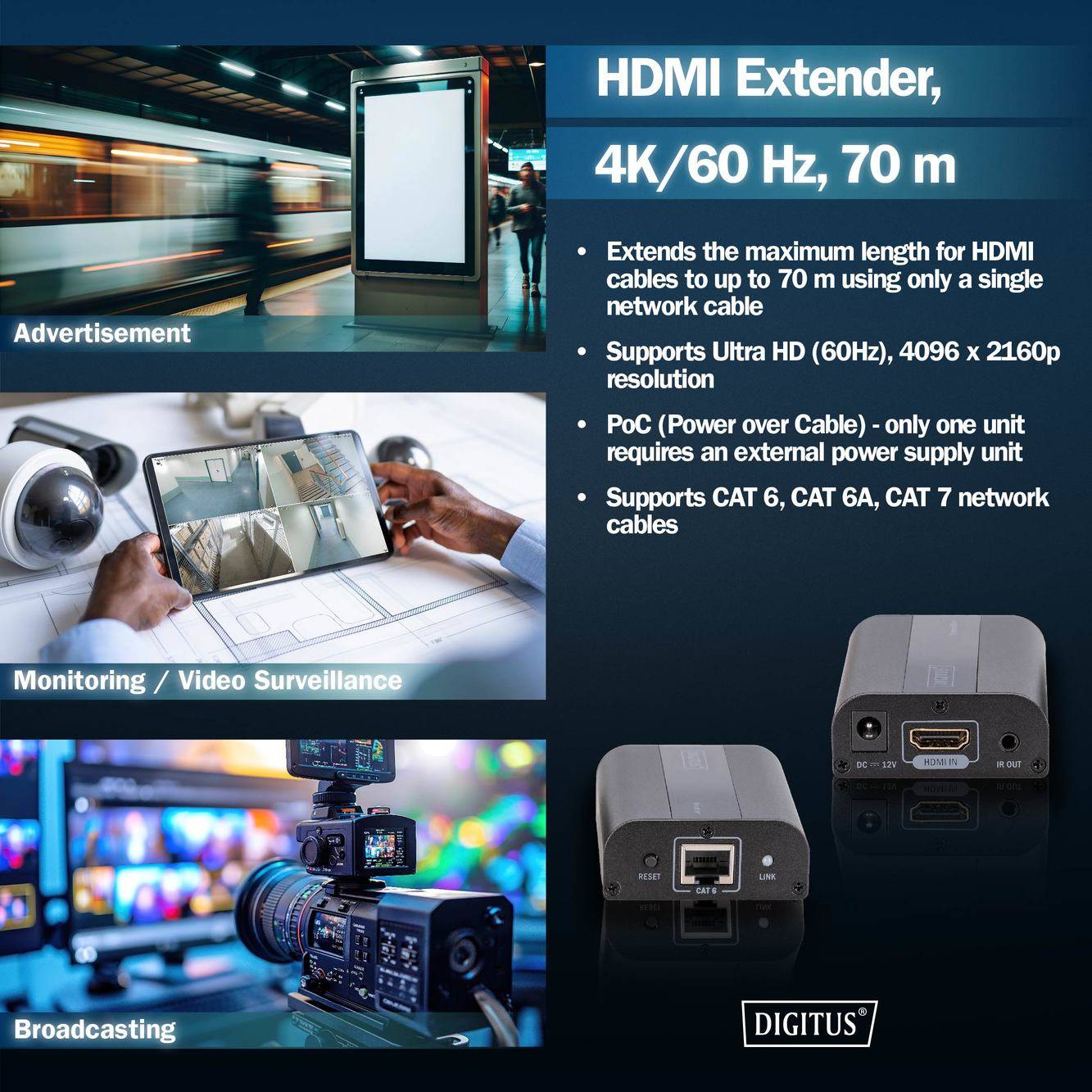'HDMI-verlenger, 4K/60 Hz, 70 m': Verlengt HDMI-kabellengte tot 70 m, ondersteunt Ultra HD (60Hz), PoC via een netwerkkabel. Merknaam hieronder.