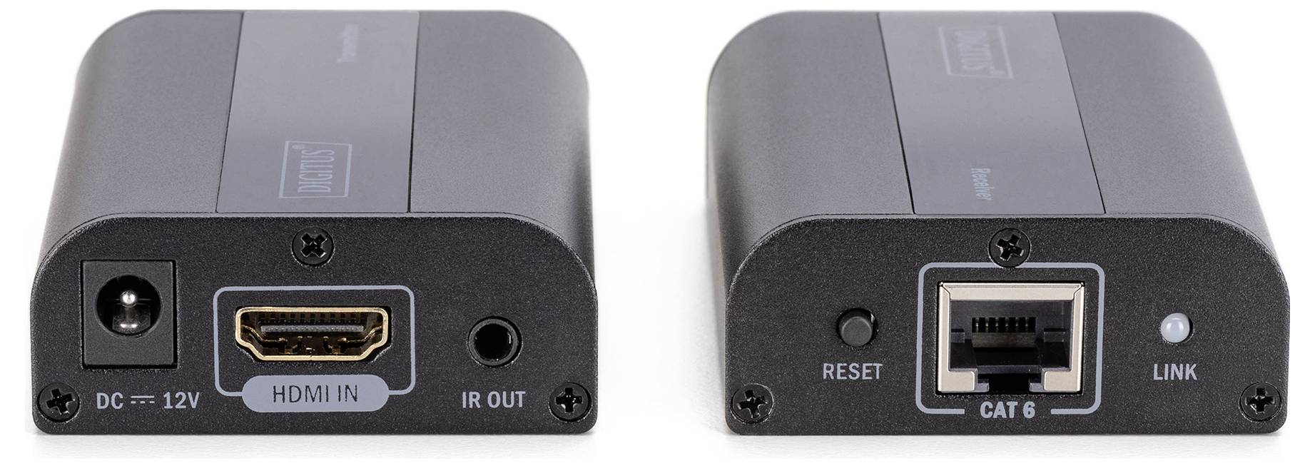 Twee elektronische apparaten: Links met HDMI- en stroomaansluiting, rechts met netwerkaansluiting en reset-knop.