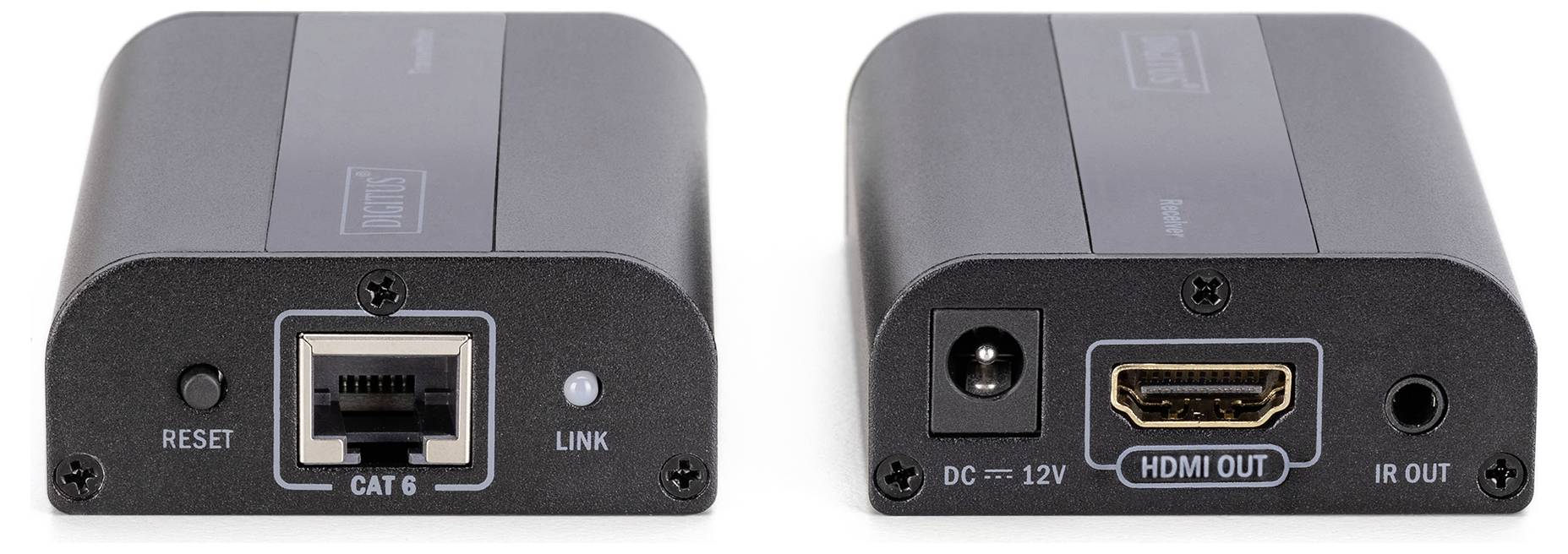 Twee apparaten tonen de voor- en achterkant: Links een CAT6-Ethernet-aansluiting, rechts een HDMI-uitgang met netvoedingsaansluiting.