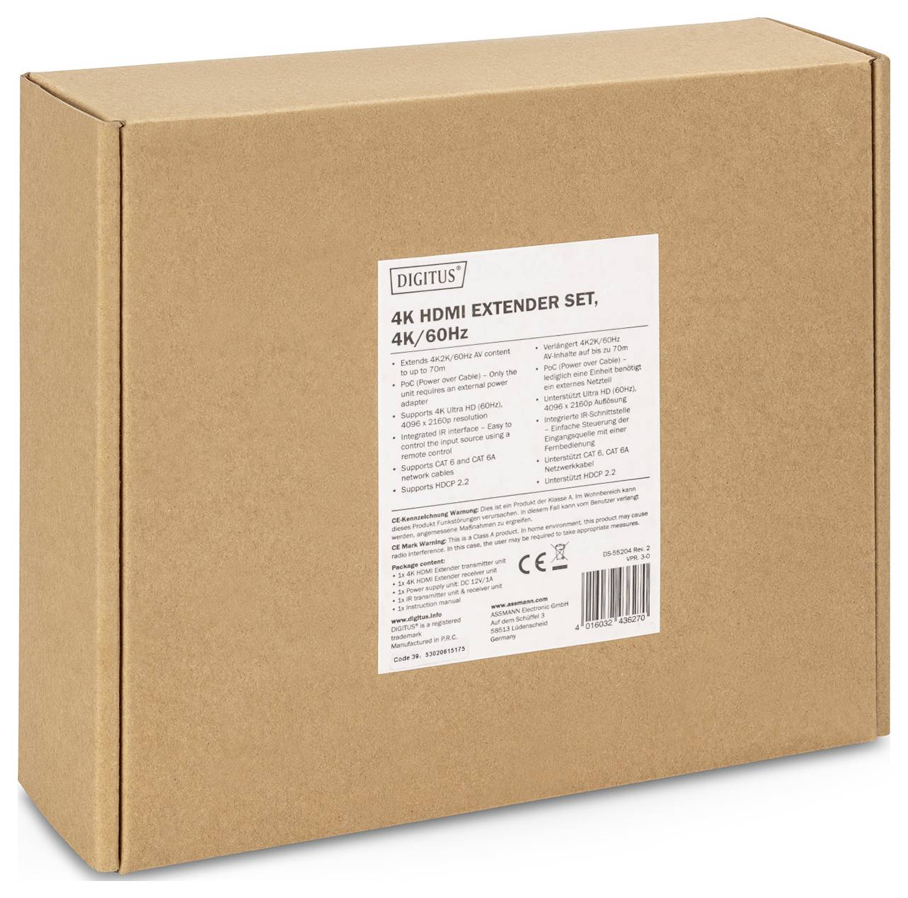 Bruine kartonnen doos met etiket voor beschrijving van een 4K HDMI-extender-set. Etiket bevat productspecificaties en CE-markering.