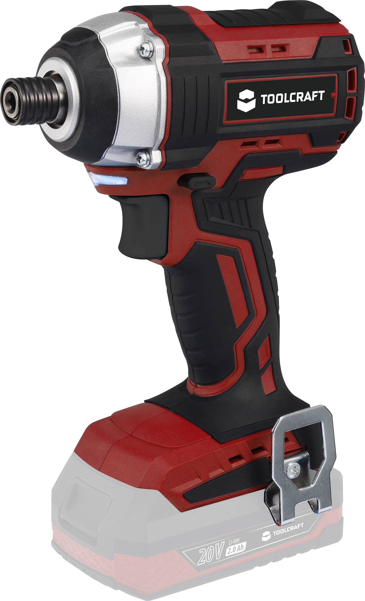 Accuschroevendraaier in rood en zwart, gemarkeerd met 'TOOLCRAFT'. Geschikt voor doe-het-zelf klussen, met ergonomische handgreep en 20V accu.