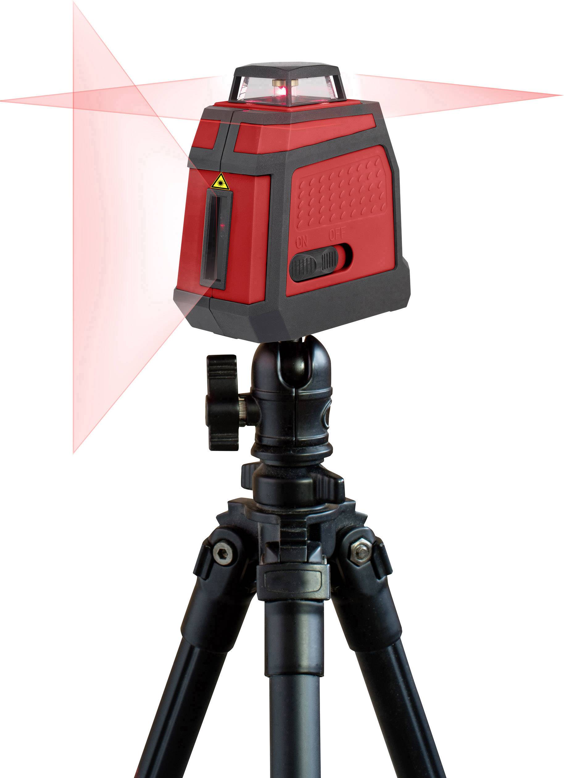 Een rode kruislijnen-laser op een statief projecteert rode horizontale en verticale lijnen om nauwkeurige metingen mogelijk te maken.