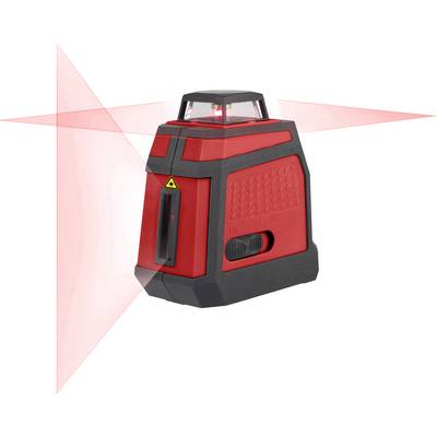 Een rode kruislijnlaser projecteert een rood kruis op twee kruisende vlakken. Geschikt voor bouw- of renovatiewerkzaamheden.