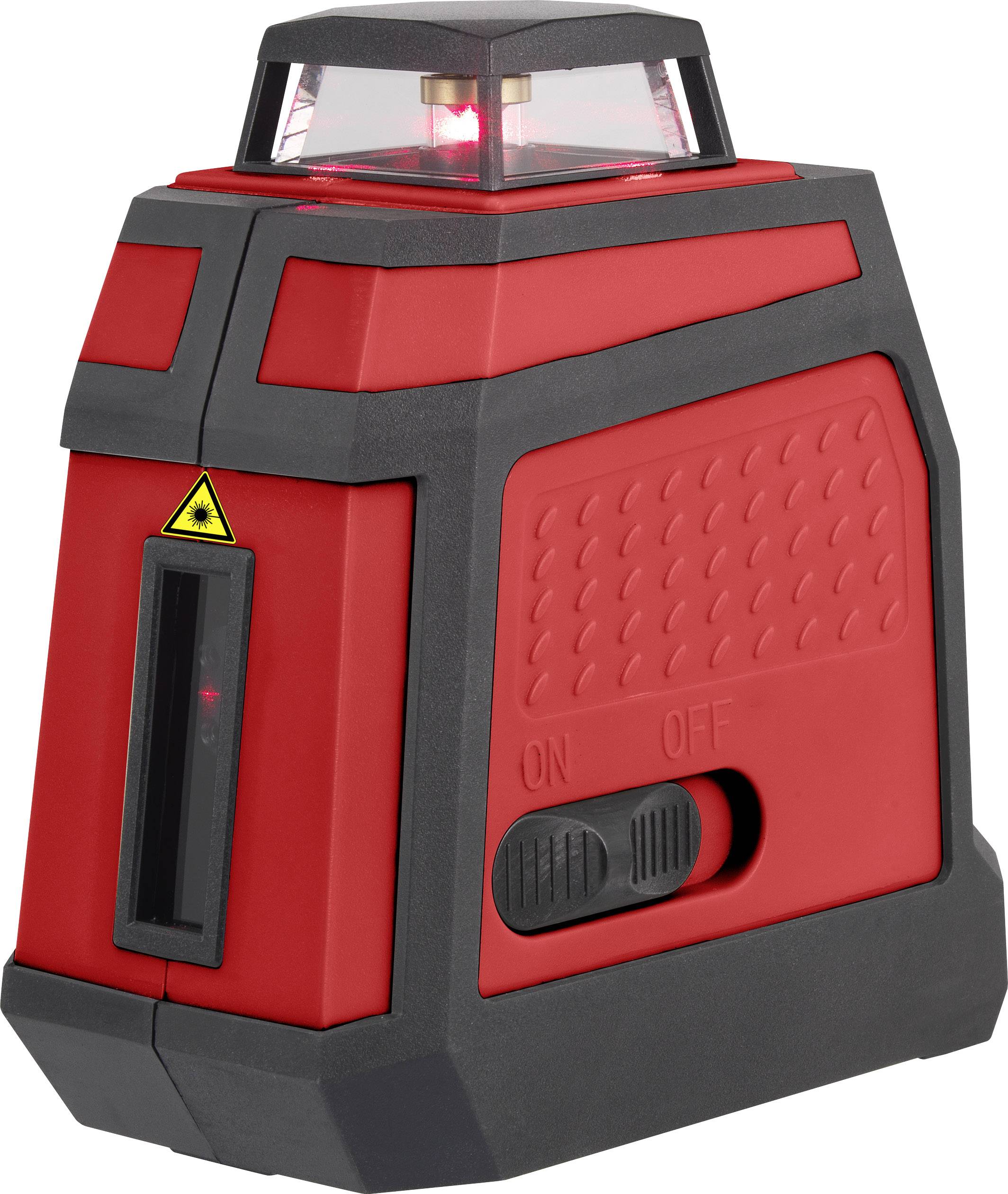 Een rood kruislijnlaserapparaat met zwarte accenten. Bovenaan brandt een rode laser. Aan de zijkant bevindt zich een aan-/uitschakelaar.