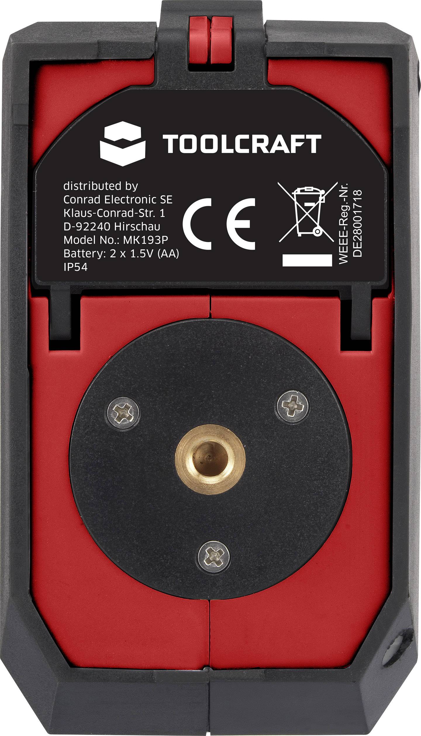 Achterkant van een elektronisch apparaat van het merk Toolcraft met batterijvak en aansluitingsmogelijkheden. Tekst met technische details bovenaan.