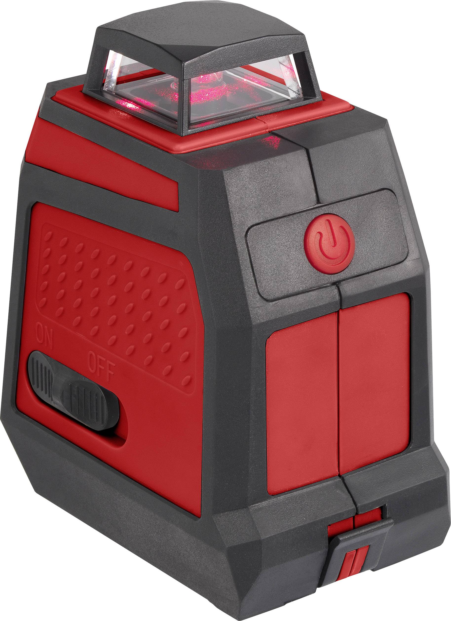 Rood en zwart laserafstandsmeetapparaat met aan/uit-schakelaar en rood licht bovenaan, geschikt voor nauwkeurige bouw- en renovatiewerkzaamheden.