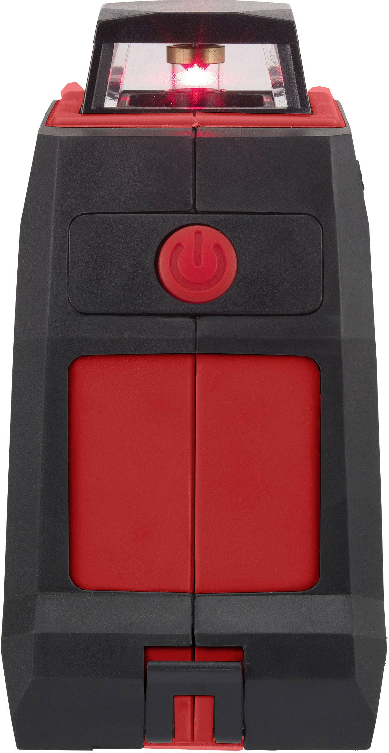 Een rood-zwarte lasermetingsapparaat met een rode aan-knop, licht gekanteld voor een vooraanzicht. Bovenaan straalt een rood laserlicht.