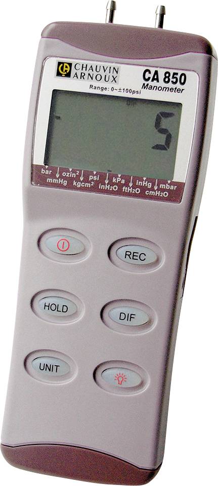Draagbare manometer met LCD-display. Toont waarde. Toetsen voor 'REC', 'HOLD', 'DIF', 'UNIT'. Merk 'Chauvin Arnoux', Model 'CA 850'.