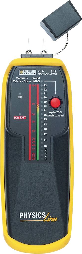 Vochtmeter met LCD-display, toont vochtgehalte in hout en gips. Meetschaal met groene en rode segmenten.