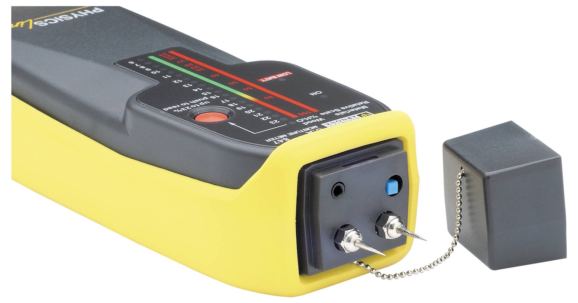 Vochtigheidsmeter met een geel behuizing en een tweekleurige LED-indicatie. Twee metalen pennen aan de voorkant voor het meten van de vochtigheid.