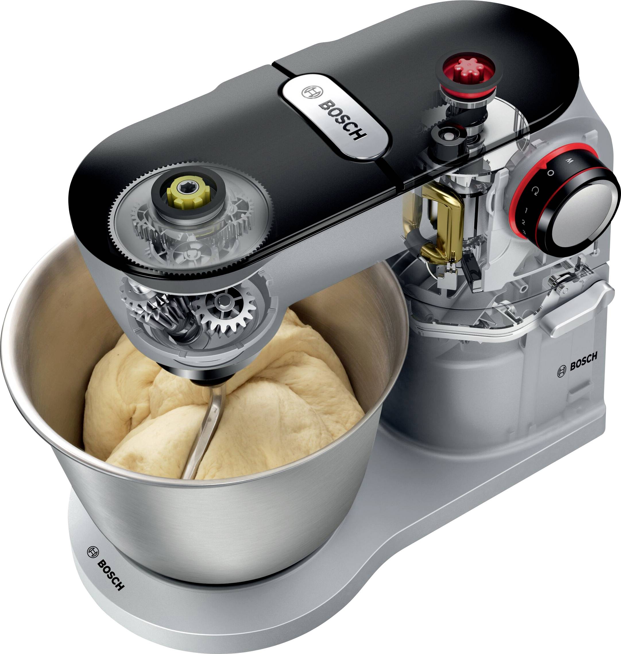 Keukenmachine van Bosch met roestvrijstalen mengkom en deeghaak, die het deeg kneedt.