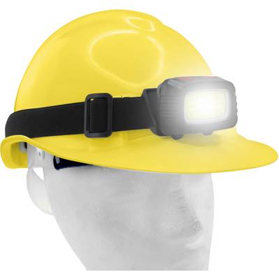 Gele veiligheidshelm met frontlamp, actief verlicht, bevestigd; geschikt voor veiligheids- en bouwwerkzaamheden.