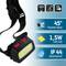 Hoofdlamp met verstelbare band en twee knoppen, toont functies: 185 lumen, 17u looptijd, 45° kantelbaar, 1,5W COB LED, IP44 spatwaterbeschermd.