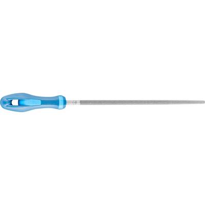 Een gereedschapsrasp met een blauwe, ergonomische handgreep en een lang, smal metalen deel voor het vijlen of gladmaken van materialen.