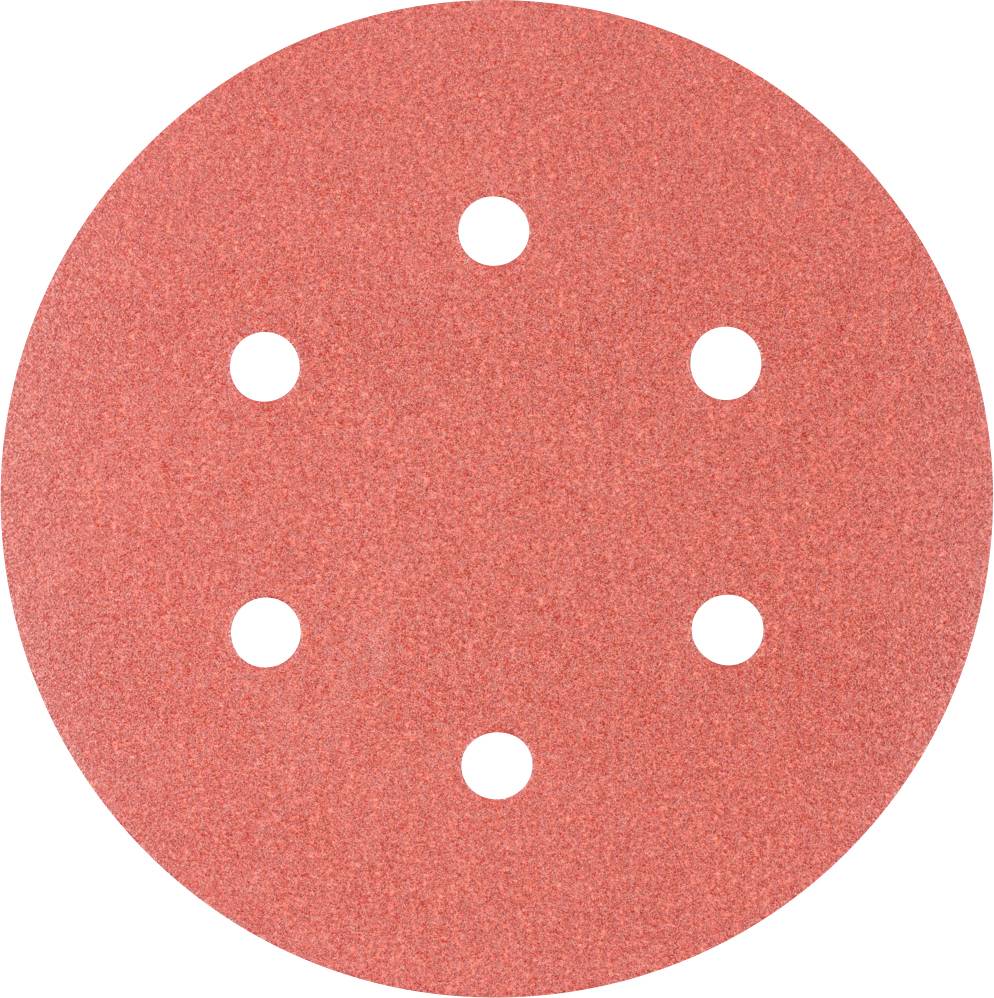 Rood schuurpapier rond met zes gaten, gebruikt voor schuurmachines bij het bewerken van oppervlakken van hout of metaal.