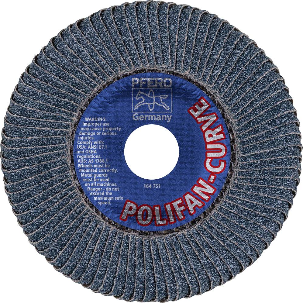 'PFERD Polifan-Curve' slijpschijf met blauw slijpmateriaal, rond van vorm en met waarschuwingsinstructies op de schijf. Herkomst: Duitsland.